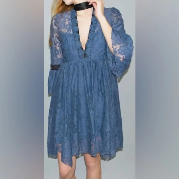 Free People Gilded Blue Lace Dress Ribbon tie  Size S - Picture 1 of 17